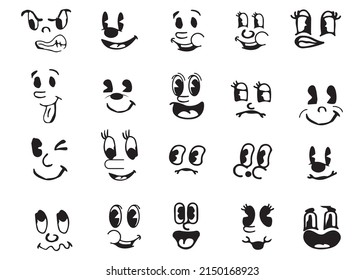 Retro cartoon stickers with funny comic characters, cartoon-style faces, vintage cartoon-style expressions drawings.