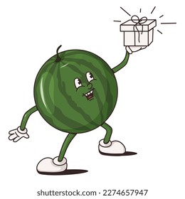 Retro cartoon stickers with funny comic characters and gloved hands. Watermelon with happy cheerful facial expressions. Groovy fruits. Groovy, y2k, 70s, 60s, retro