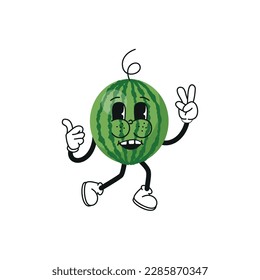 Retro cartoon stickers with funny comic characters and gloved hands. Watermelon with happy cheerful facial expressions. Groovy fruits. Groovy, y2k, 70s, 60s, retro eps 10