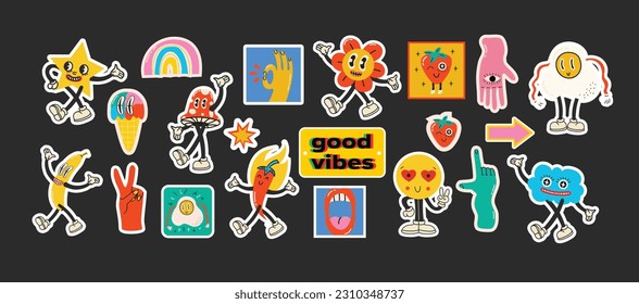 Retro cartoon stickers with funny comic characters and gloved hands. Contemporary abstract shape, banana, star and mushroom badge vector set.