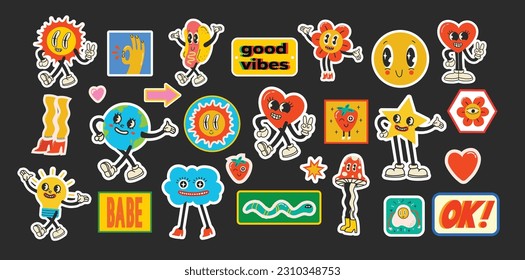 Retro cartoon stickers with funny comic characters and gloved hands. Contemporary abstract shape, banana, star and mushroom badge vector set.