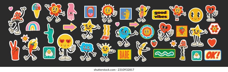 Retro cartoon stickers with funny comic characters and gloved hands. Contemporary abstract shape, banana, star and mushroom badge vector set.