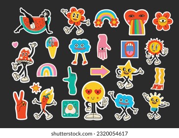 Retro cartoon stickers with funny comic characters and gloved hands. Contemporary abstract shape, banana, star and mushroom badge vector set.