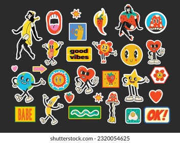 Retro cartoon stickers with funny comic characters and gloved hands. Contemporary abstract shape, banana, star and mushroom badge vector set.