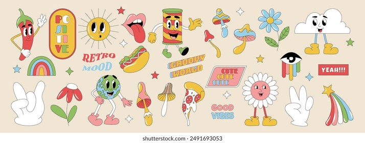 Retro cartoon stickers. Groovy icons. Flower Funny mascots. Psychedelic elements art. Mushroom and rainbow. Funky Earth. Trippy smile sun. Abstract face. Mouth lips. Vector garish doodle patches set