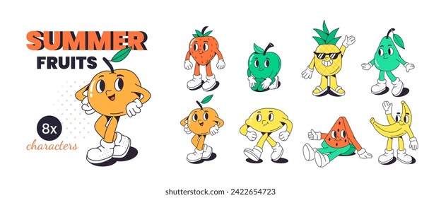 Retro cartoon stickers set. Pineapple, watermelon, strawberry and other summer fruits comic characters with funny face, leg, arm. Trendy groovy vector illustration 