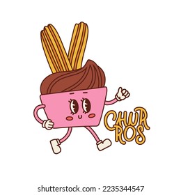 Retro cartoon style churros character isolated. Chocolate dip 50s sweets character. Vector contour hand drawn illustration.
