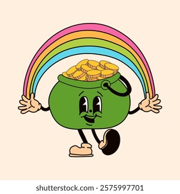 A retro cartoon style coin with a pot of gold and a rainbow, designed as a St. Patrick's Day mascot