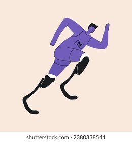 Retro cartoon style disabled amputee athlete running with prosthetic legs.