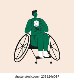 Retro cartoon style paralympic athlete sitting in the wheelchair holding a basketball ball. 