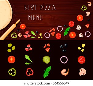 Retro cartoon style pizza ingredients set with table top and small isolated constructor slices of vegetables vector illustration