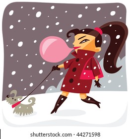 retro cartoon styled illustration with pretty girl walking her small dog in the winter park
