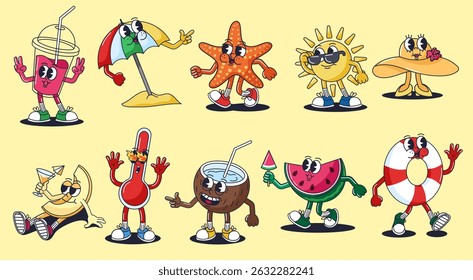 Retro cartoon summer characters. Groovy beach mascots, funny sun, cocktail, umbrella, starfish, hat, thermometer, coconut, watermelon, lifebuoy vintage 30s animation style vector illustration set.
