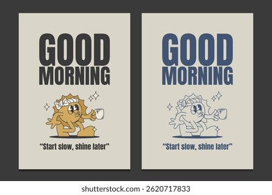 retro cartoon sun character drinking coffee, great for posters, t-shirt designs, and more, vector illustration