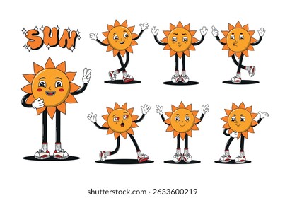 Retro cartoon sun character set, different poses and angles. Groovy funky comic solar mascot with happy smiling face collection. 60s, 70s hippie psychedelic vector illustrations.
