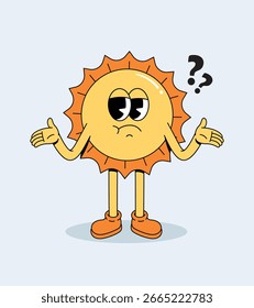 Cartoon retro Sun personagem encolhendo ombros com pontos de interrogação
