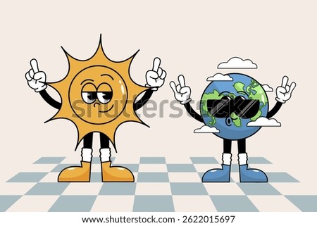 Retro cartoon sun and Earth characters wearing sunglasses and showing peace signs. Groovy 70s hippie style, cheerful mascots with funky expressions, perfect for eco, fun, and nostalgic designs.