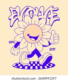 Retro Cartoon Sun Flower Character. Vintage Motivational Poster with Evolve Text for T-Shirt or Wall Art