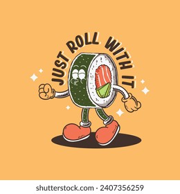 retro cartoon sushi roll  character illustration