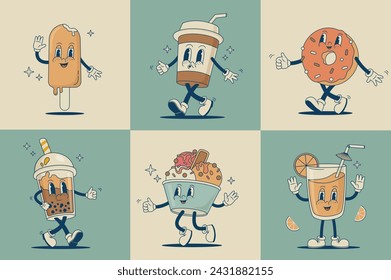 Retro Cartoon süße Lebensmittel und Getränke Zeichen Vektor-Illustration. Vintage Donut, Saft, Kaffee, Latte, Eis, Bubble Tea Maskottchen. Lustiges Dessertset