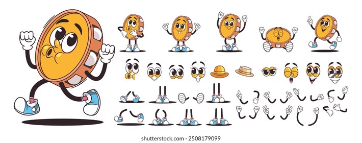 Personaje De Pandereta De Dibujos Animados Retro Con Varias Expresiones Emocionales Y Diferentes Poses. Elementos Divertidos Y Juguetones