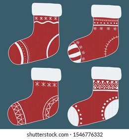 Retro cartoon template with set of christmas red socks with decorative ornament on green backdrop. Holiday design flat elements. Snowflake winter.