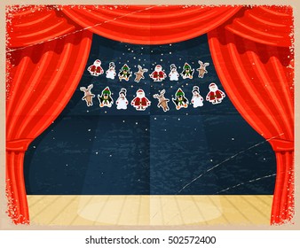 Retro Cartoon theater. Theater curtain with spotlights beam, stars and garlands with Santa 
Claus. Open theater curtain. Red vintage silk side scenes on stage. Stock vector
