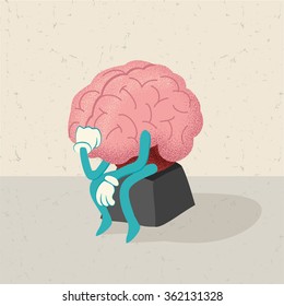 retro cartoon of a thinking brain character
