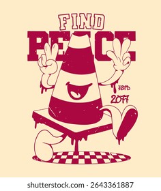 Retro Cartoon Traffic Cone Character. Vintage Motivational Poster with Find Peace Text for T-Shirt or Wall Art
