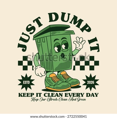 Retro cartoon trash container character mascot. Cute and funny design, perfect for sticker, print, and t-shirt design