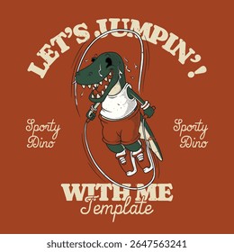 retro cartoon t-rex mascot jumping rope