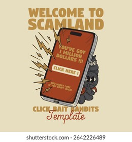 retro cartoon two thieves hiding behind smartphone