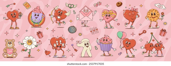 Personajes groovy de dibujos animados retro del día de San Valentín. Corazón, taza de café, sobre y caja de regalo. Galleta, osito de peluche, flor y cupcake con guante y besos de cerezas. Personajes psicodélicos de Vector aislados