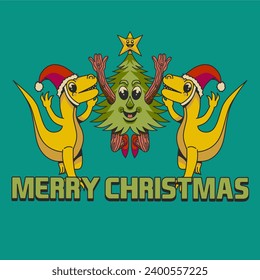 Retro cartoon vector graphic illustration of Christmas tree and t rex wishing merry Christmas. Suitable for greeting cards