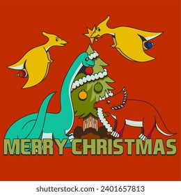 Retro cartoon vector graphic illustration of dinosaurs decorating the Christmas tree. Suitable for Christmas cards