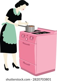 Retro cartoon vector illustration of a cheerful 1950s housewife cooking on a pink vintage stove in a mid-century modern kitchen. The elegant woman wears a black dress, green apron, and high heels while preparing a homemade meal. Flat color design inspired by classic retro advertising, vintage homemaker lifestyle, domestic chores, and nostalgic 1950s American kitchen interiors. Perfect for home cooking, kitchen, lifestyle, domestic, retro design, and vintage-themed projects.