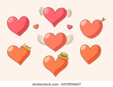 Retro Cartoon Vector Set Of Hearts For Valentines Day. Whimsical, Vibrant, Nostalgic Elements With Bold Lines