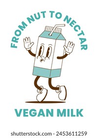 Retro cartoon vegan plant based milk character. Vintage alternatives lactose free drink