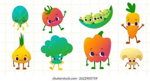Conjunto de personagens de desenhos animados vegetais retrô. Coleção de legumes vetoriais lindos.