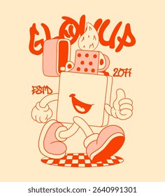 Retro Cartoon Vintage Lighter Character. Vintage Motivational Poster with Glow Up Text for T-Shirt or Wall Art
