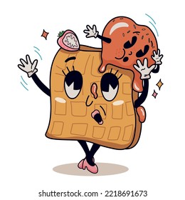 Retro cartoon waffle isolated on white background. Groovy retro sticker with funny modern comic book character wearing white gloves. Doodle grunge vintage 1930s comic cartoon dessert