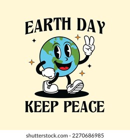 retro cartoon walking earth mascot character smiling with peace hand.earth day.for print or tshirt design. vector illustration