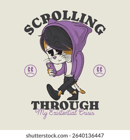 retro cartoon walking emo cat mascot holding smartphone