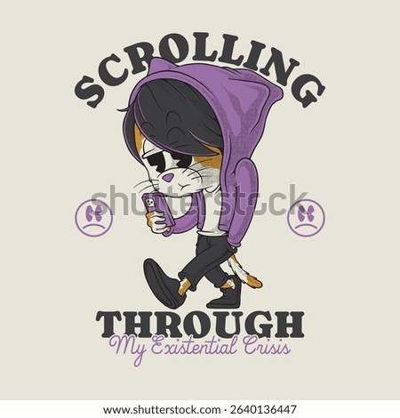 retro cartoon walking emo cat mascot holding smartphone