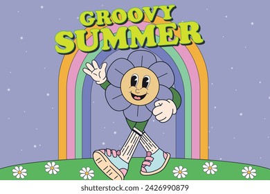 Retro cartoon walking Flower mascot character and groovy summer lettering illustration for t-shirt print or poster design. Design for greeting card, fashion, commercial, banner. Vector illustration