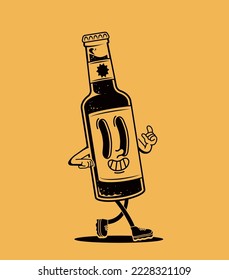 Retro cartoon walking glass bottle of beer or kombucha funny smiled mascot character isolated on yellow background. Vector illustration