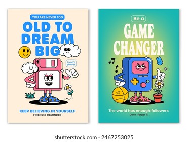 Retro cartoon walking smiled Floppy Disc and game console mascot character surrounded by smiled elements and motivation lettering. Illustration for t-shirt print or poster design. Vector illustration