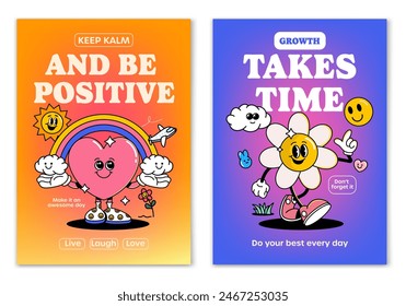 Retro cartoon walking smiled Heart and Flower mascot character surrounded by smiled elements and motivation lettering. Illustration for t-shirt print or poster design. Vector illustration