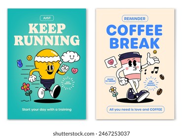 Retro cartoon walking smiled Lightbulb and Coffee cup mascot character surrounded by smiled elements and motivation lettering. Illustration for t-shirt print or poster design. Vector illustration