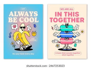 Retro cartoon walking smiled Smartphone and Camera mascot character surrounded by smiled elements and motivation lettering. Illustration for t-shirt print or poster design. Vector illustration